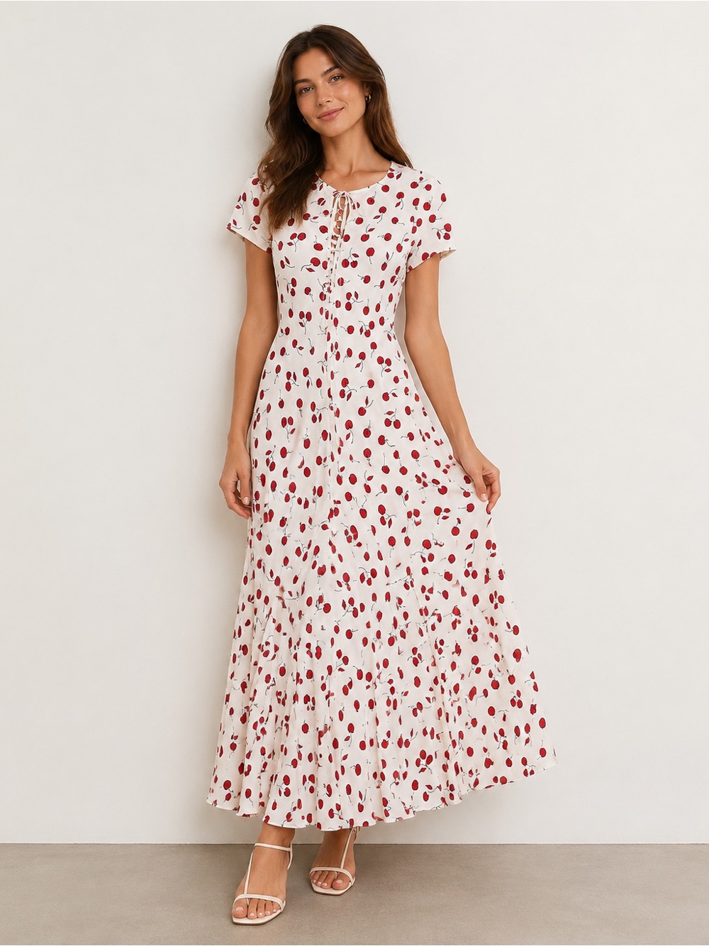 J.CREW White Cherry Print Button-Front Midi Dress
